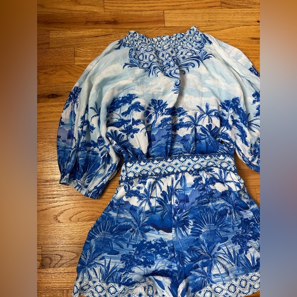 FARM RIO ANTHROPOLOGIE Blue Floral V-Neck Romper with Belt - Picture 11 of 12